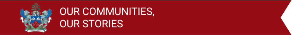 Banner in deep burgency colour with the coat of arms of the municicpality of meaford. text that reads "our communities, our stories."