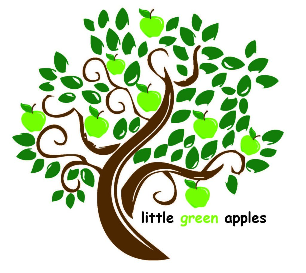 text that reads "little green apples" with a picture of a tree.